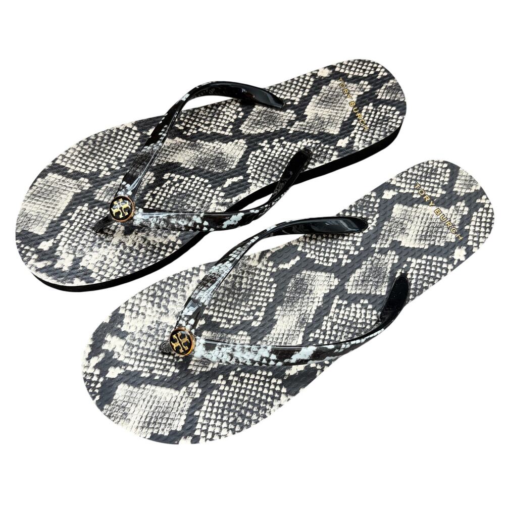 Tory Burch Black Ivory Snakeskin Print Flip Flop Thong Sandals Womens Size 7.5